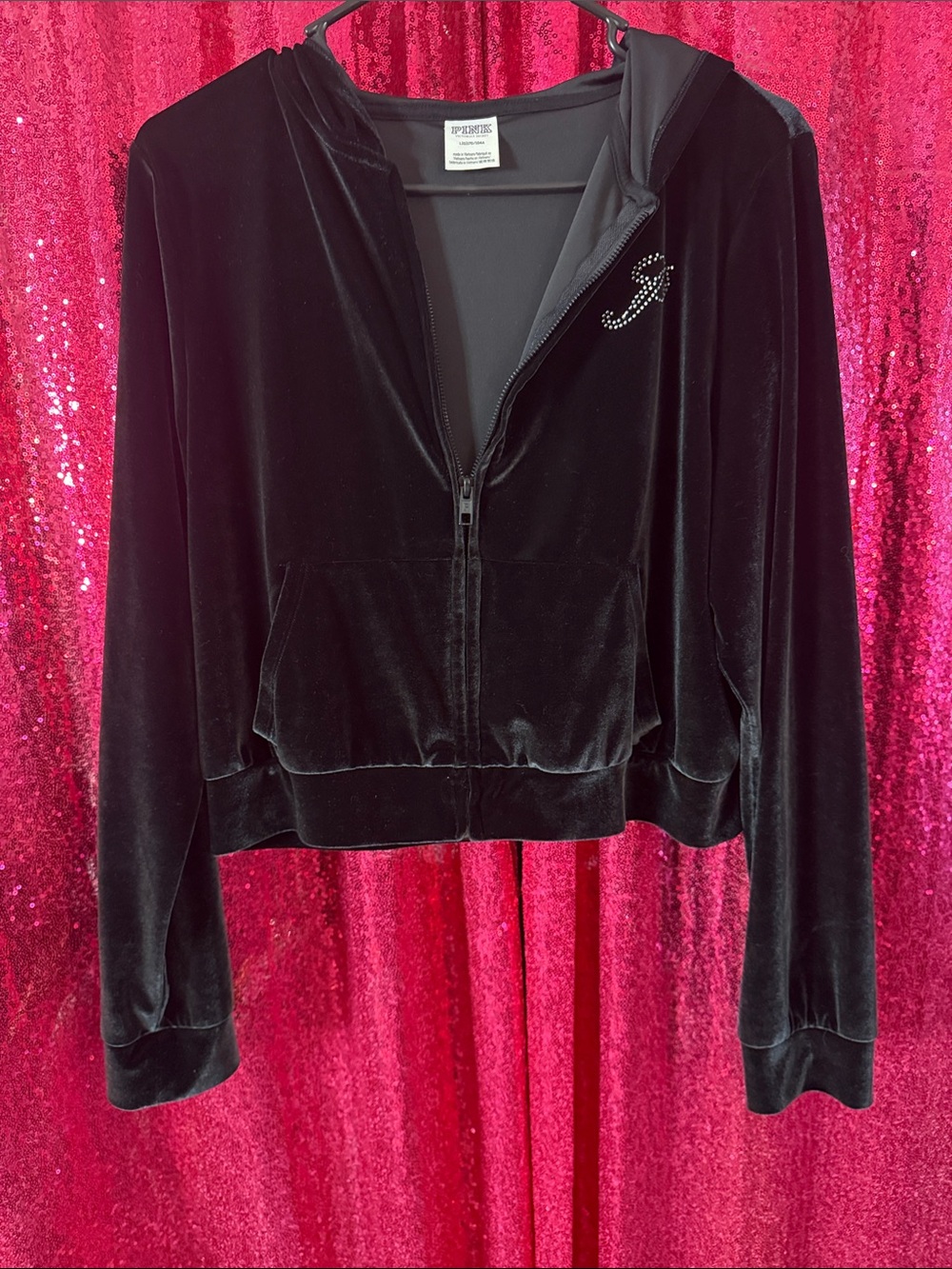 PINK Victoria's Secret Black Velour Zip-Up Hoodie with Rhinestone P Logo